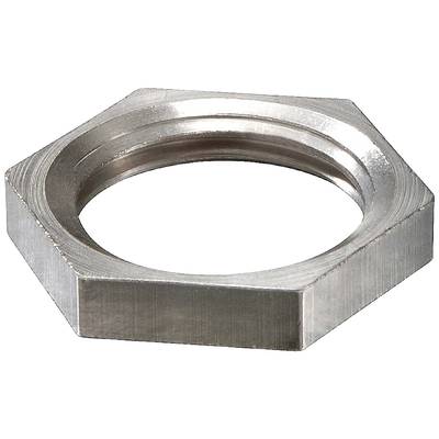 En sexkantig mutter av metall ligger på en vit yta. Muttern har ett centralt gängat hål och en flat form.