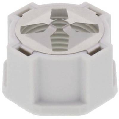 En vit, sexkantig plastpropp med ett kryss märke överst, sannolikt avsedd för en flaska eller som en förslutningslock.