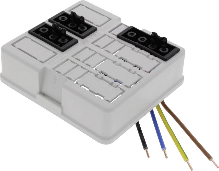 Ett elektriskt anslutningsmodul med fyra utskjutande färgade ledare: svart, blå, gul-grön och brun.