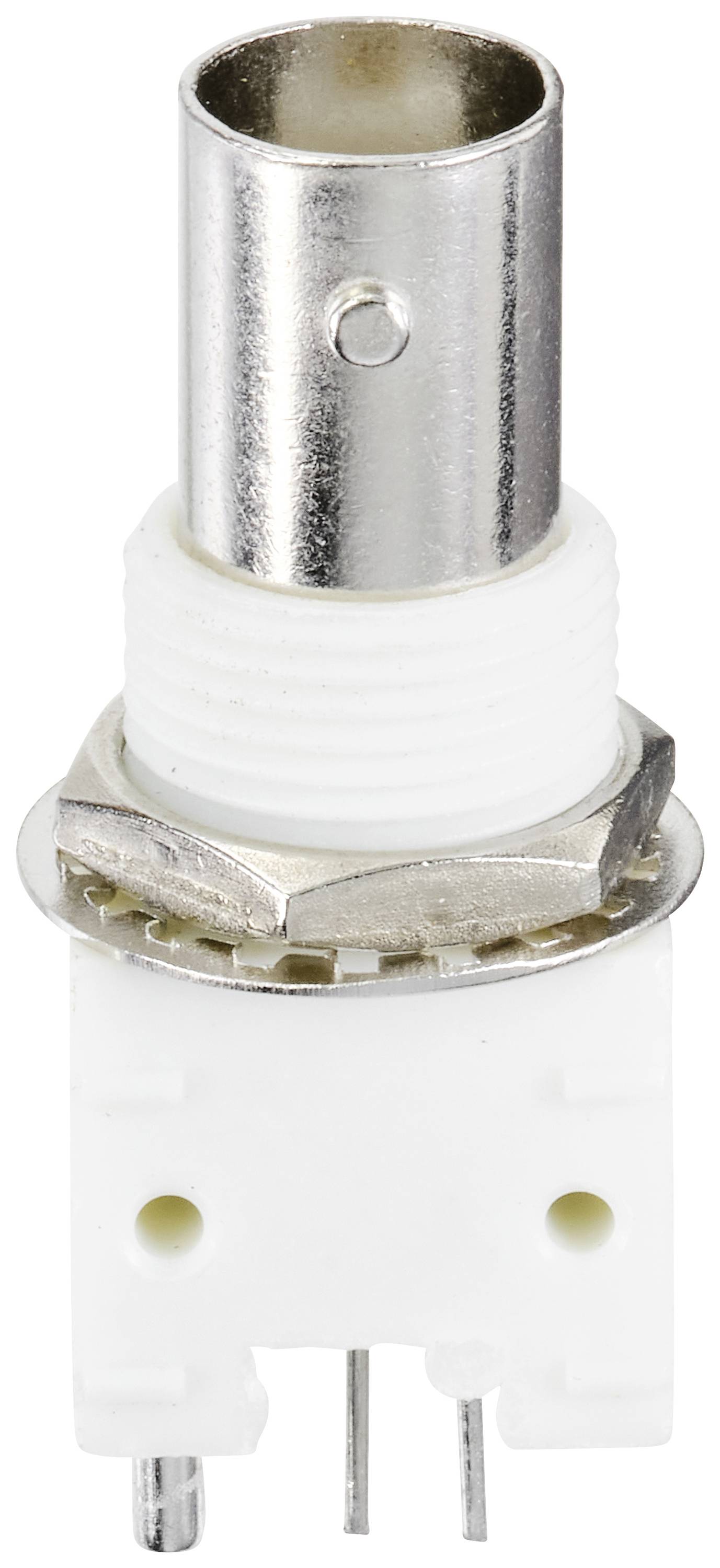 Uttag med metallstift och vit plastkaraktär, två anslutningsstift nedtill. Lämplig för elektroniska enhetsanslutningar.