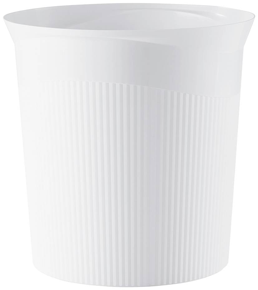 En vit, räfflad papperskorg med lutande öppning.