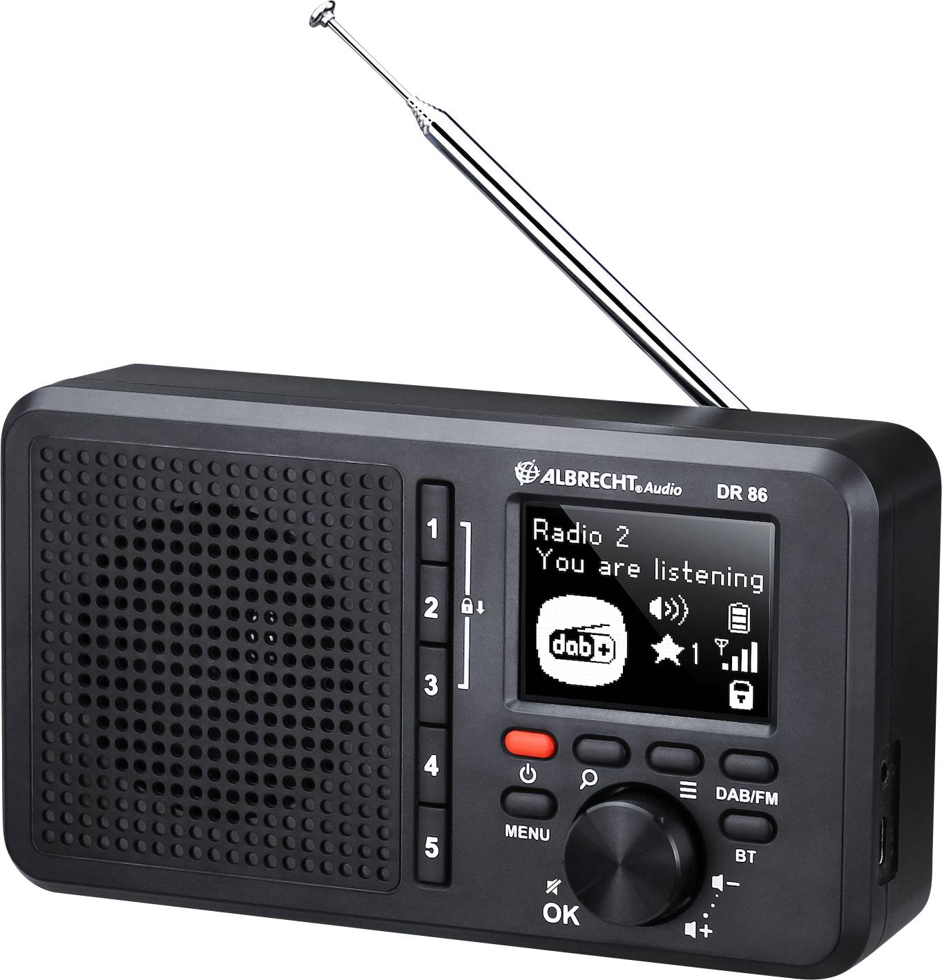 Svart bärbar radio med teleskopantenn, visar på displayen: 'Radio 2 - Du lyssnar - dab+'. Knappar till vänster, vred till höger.