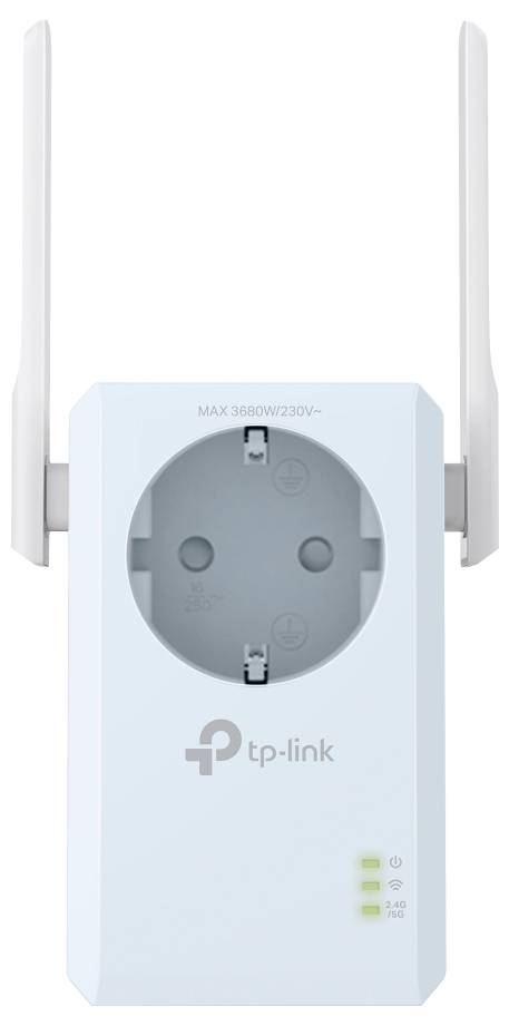 WLAN-repeater från TP-Link med vägguttag, två antenner på vänster och höger sida. LED-indikatorer på höger sida visar driftstatus.