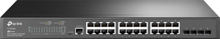En nätverksswitch med 24 Ethernet-portar och 4 SFP-portar, lämplig för hantering av dataströmmar i ett lokalt nätverk.