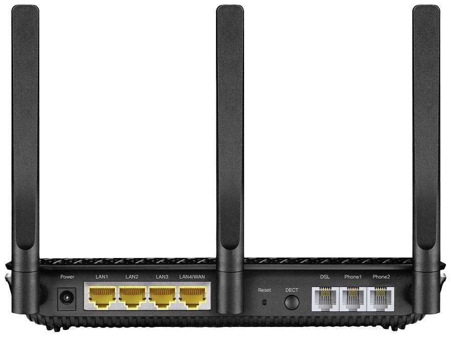 En svart WLAN-router med fyra antenn, fem LAN-portar, tre telefonanslutningar och en DSL-port på baksidan.