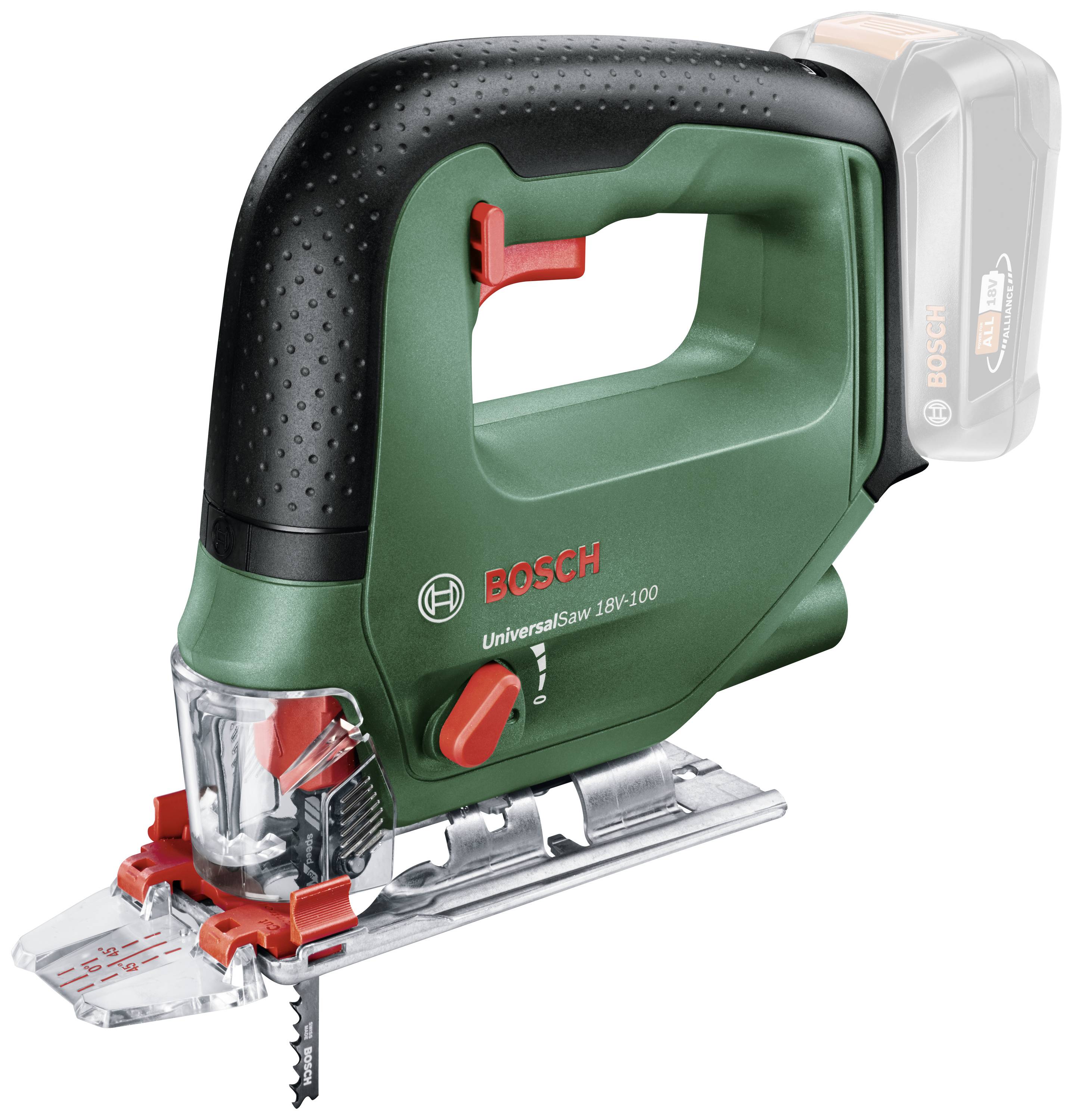 Grön Bosch sticksåg, modell UniversalSaw 18V-100, med svart handtag och röd reglage, placerad på sidan.