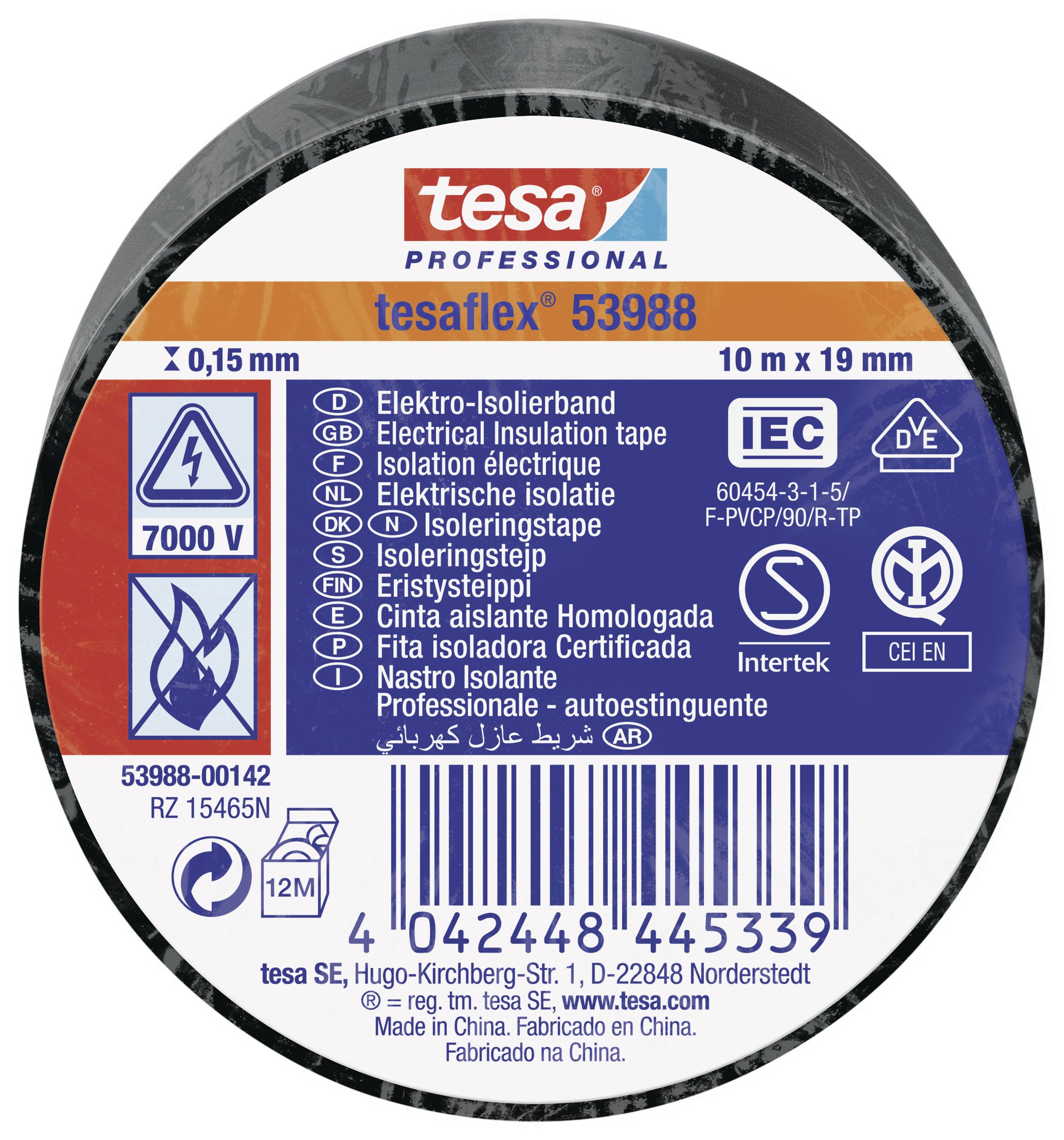 Svart elektrisk isoleringstape från 'tesa professional', 0,15 mm tjock, 10 m x 19 mm, 7000 V spänning, CE-certifierad.