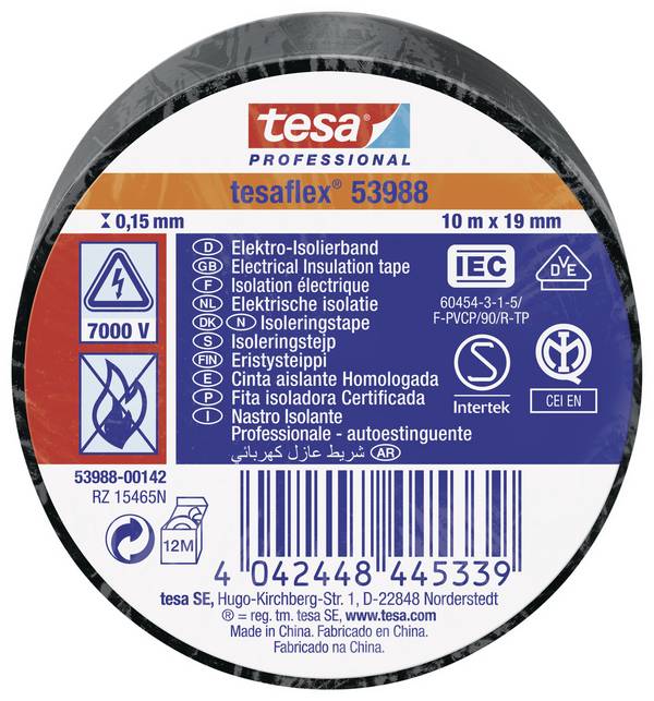 tesa tesaflex IEC 53988-00142-00 Isoleringstejp  Svart (L x B) 10 m x 19 mm 1 st