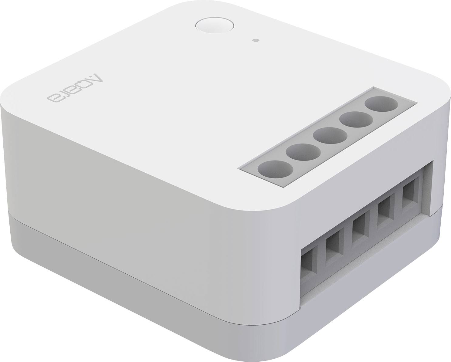 Vit kvadratisk intelligent switch med fem anslutningar på ovansidan och en liten knapp; lämplig för hemautomatisering.