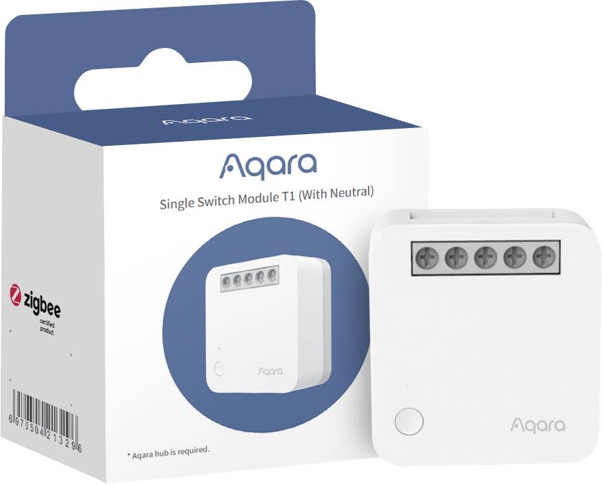 Ett vitt Aqara Single Switch Module T1 med förpackning. Zigbee-kompatibel, kräver Aqara-hubb. Lämplig för smart hemautomation.