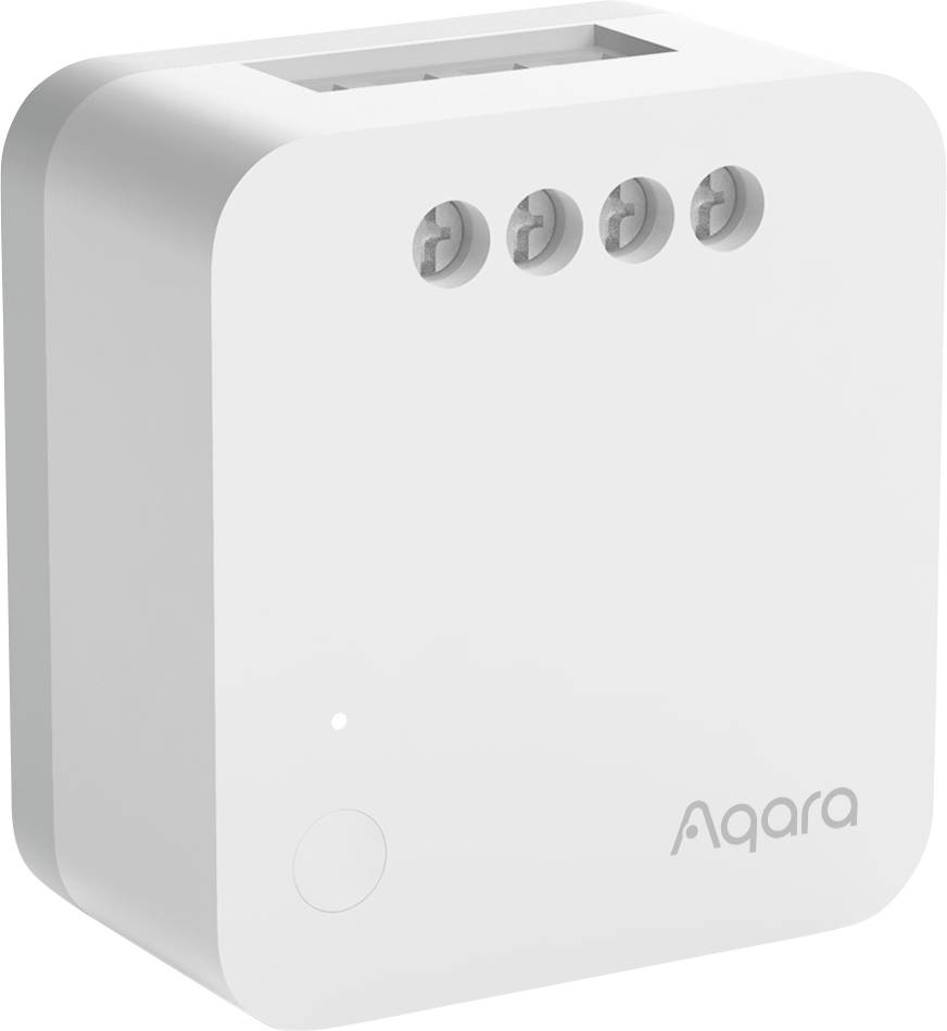 En vit Smart Home-enhet från märket 'Aqara' med tre anslutningar överst. Det är en intelligent switch för styrning av olika elektroniska enheter.
