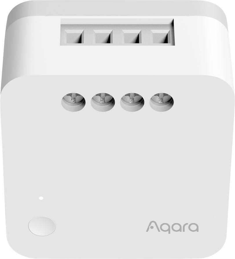 En vit, rektangulär Aqara-switch med flera uttag och en liten rund knapp på framsidan.