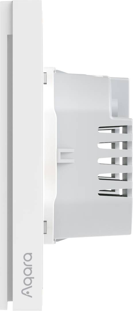 En sidovy av en vit, fyrkantig enhet med varumärket 'Aqara' på framsidan. Den har en modern, minimalistisk design.