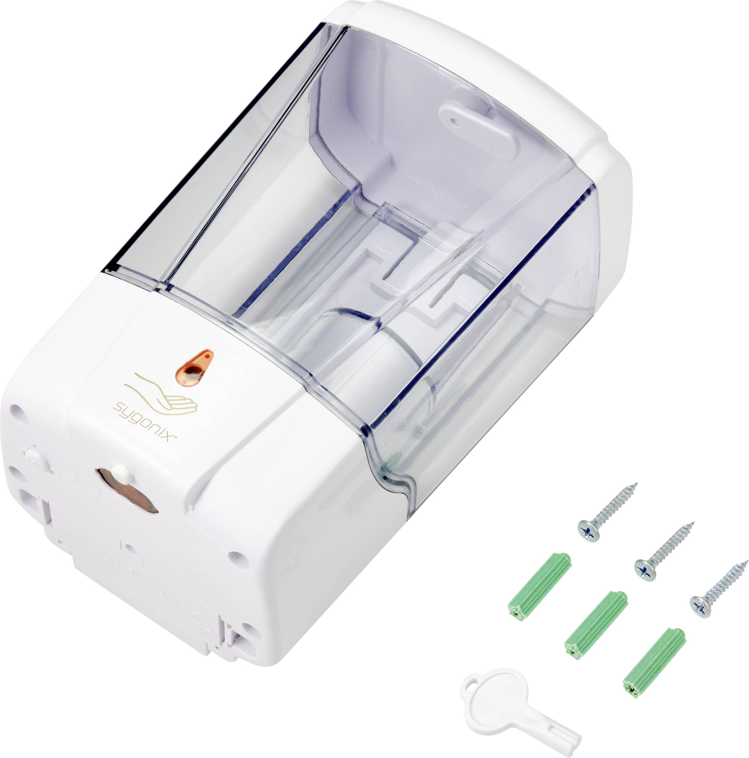 Väggmonterad tvålpump med transparent lock för volymmätning, inklusive fästmaterial och nyckel.