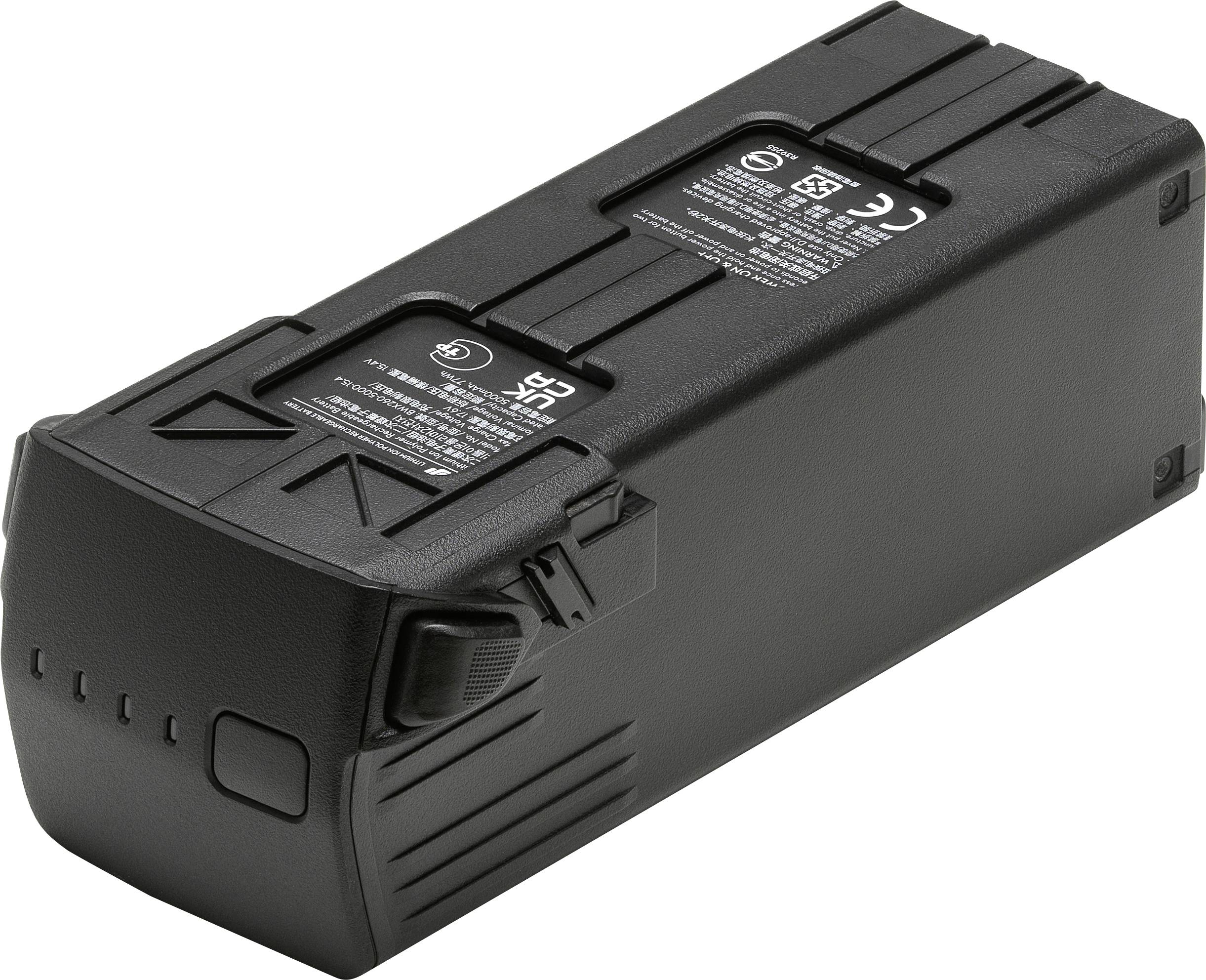 Svart, rektangulärt batteri med tekniska tryck på ovansidan, lämpligt för elektroniska enheter, visar laddningsstatus via LED och har anslutningar.