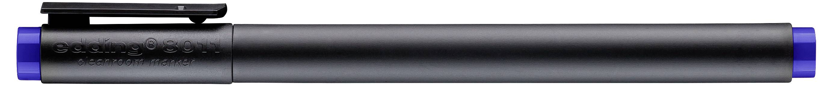 Svart cylindrisk penna eller stylus med blå ändar, visad horisontellt på vit bakgrund.