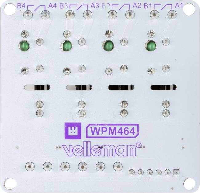 Kretskort för modellen 'WPM464' från Velleman med flera LED-lampor och anslutningsplatser.