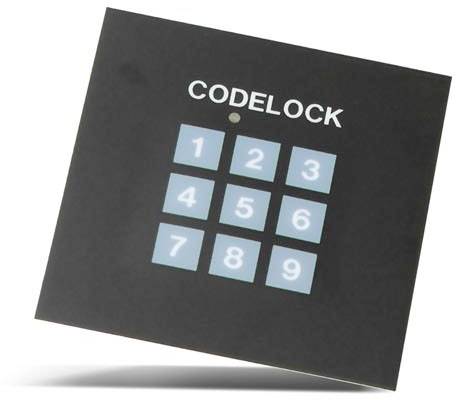 Fyrkantig svart tangentbord med texten 'CODELOCK' längst upp. Innehåller blå siffernycklar från 1 till 9 i ett rutnät.