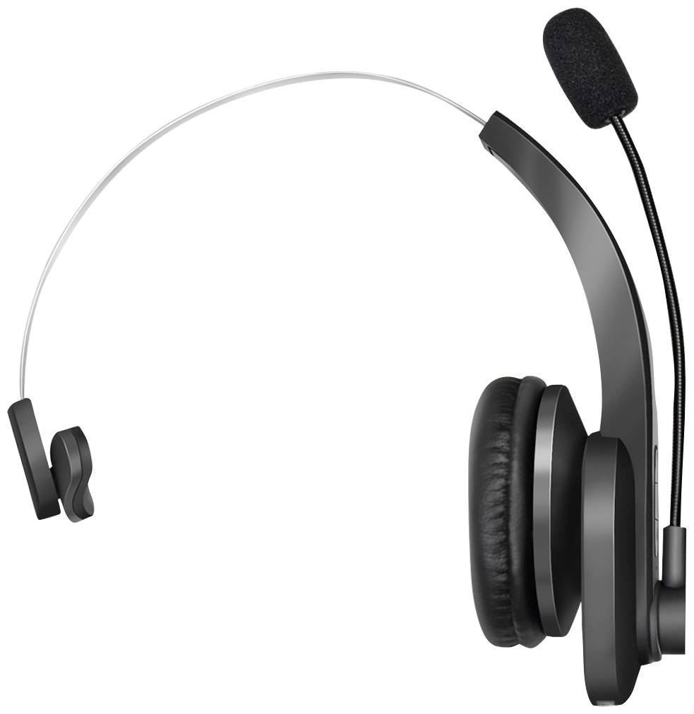 Ett svart headset med bommikrofon på vit bakgrund. Perfekt för telefonsamtal eller onlinemöten.