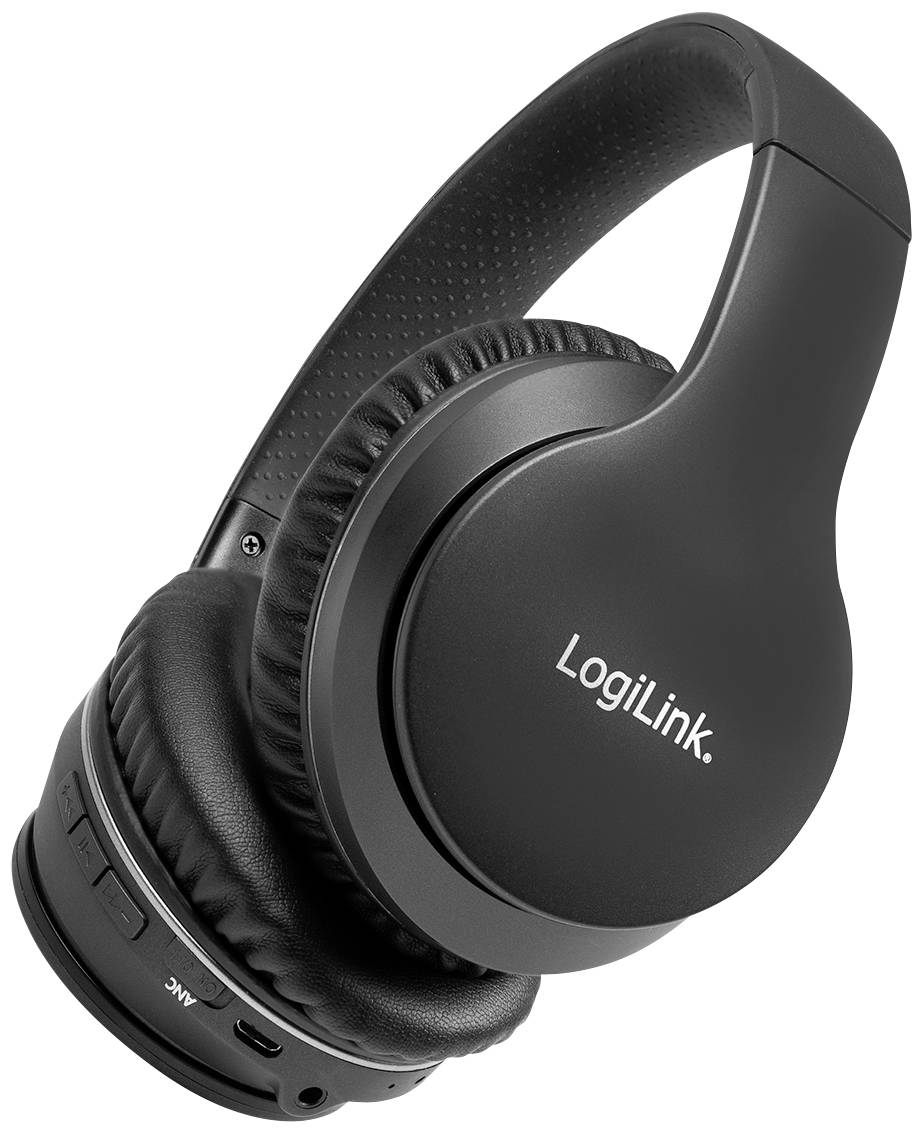 Svarta trådlösa hörlurar från LogiLink med stoppade öronkåpor och en justerbar bygel.