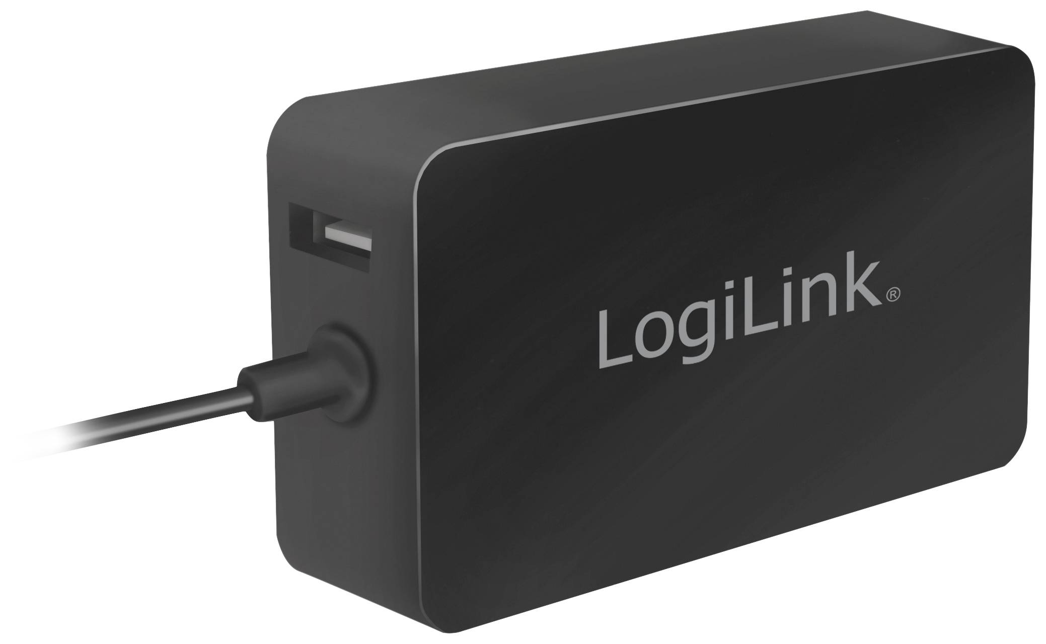 Rektangulär, svart LogiLink laddningsadapter med en anslutningskabel till vänster och en USB-port till höger.