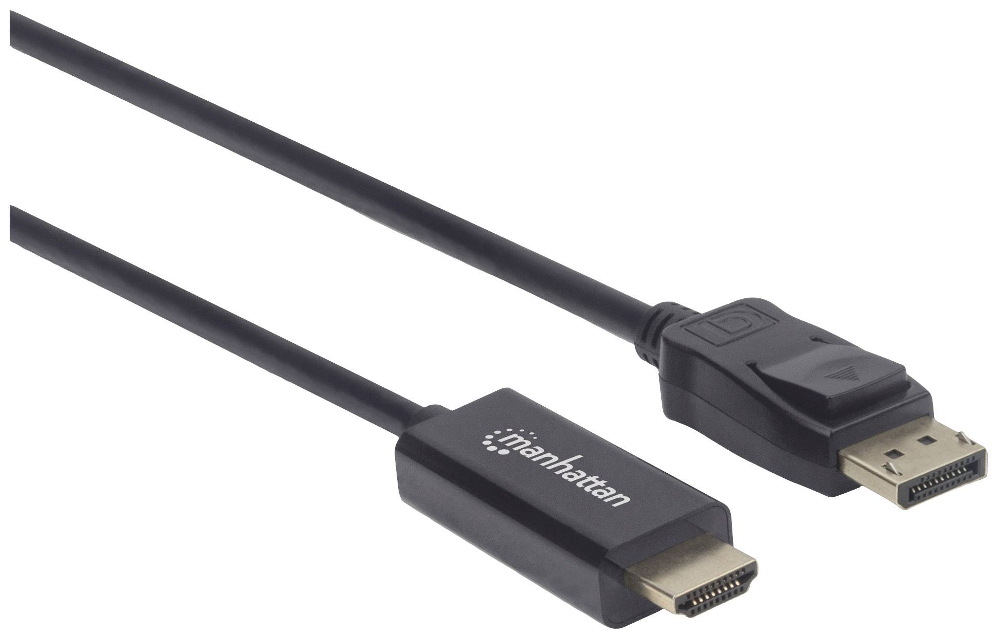 Ett svart Manhattan DisplayPort till HDMI-kabel med kontakter i båda ändar.
