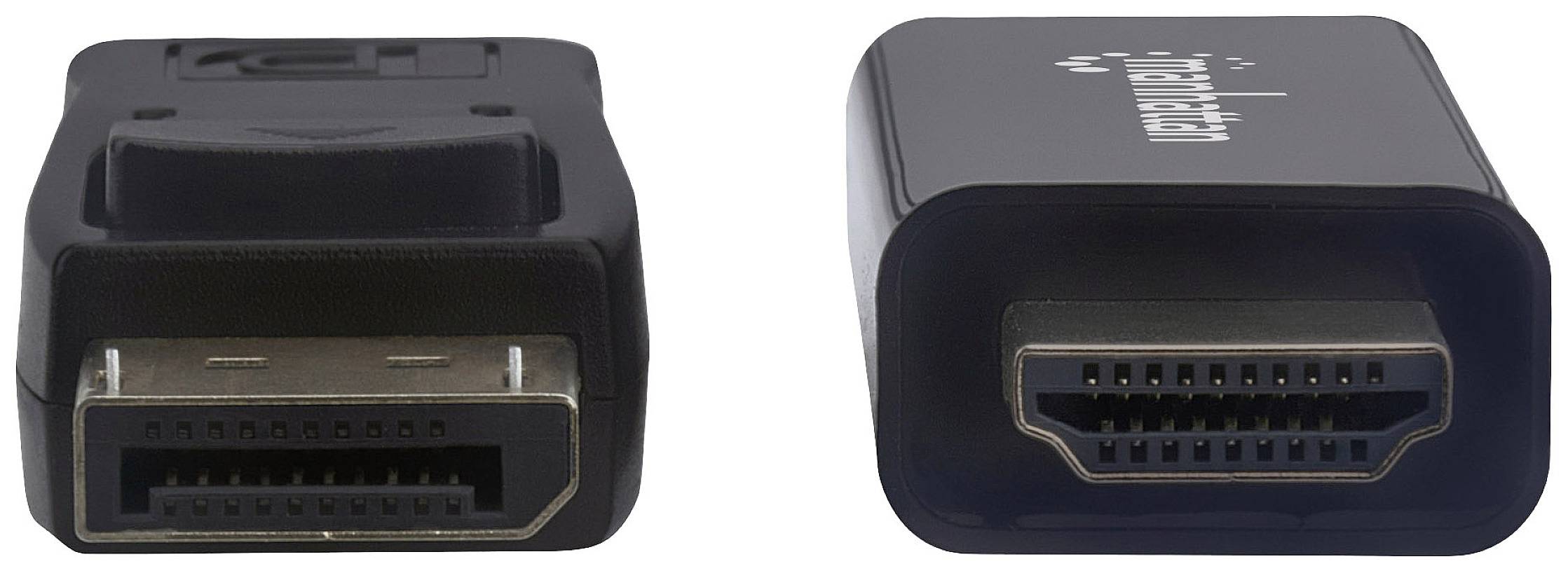 Två adapterkontakter bredvid varandra: Vänster en DisplayPort-kontakt, höger en HDMI-honkontakt.