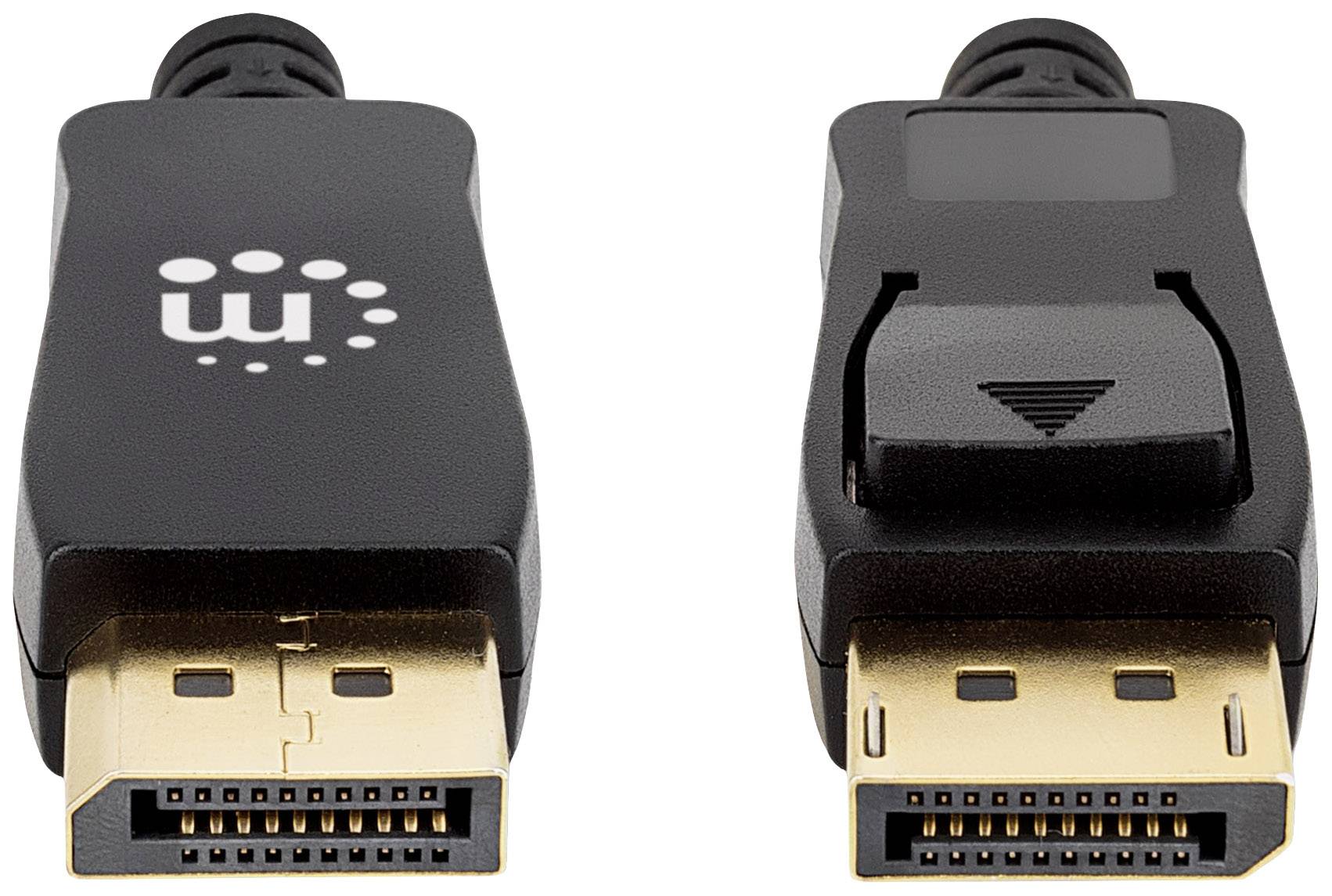 Två svarta DisplayPort-anslutningar, en med en vit logotyp, bredvid varandra. Båda visar de guldfärgade kontaktsidorna.