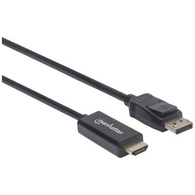 En HDMI-till-DisplayPort-kabel från märket Manhattan visar anslutningarna på båda sidor.