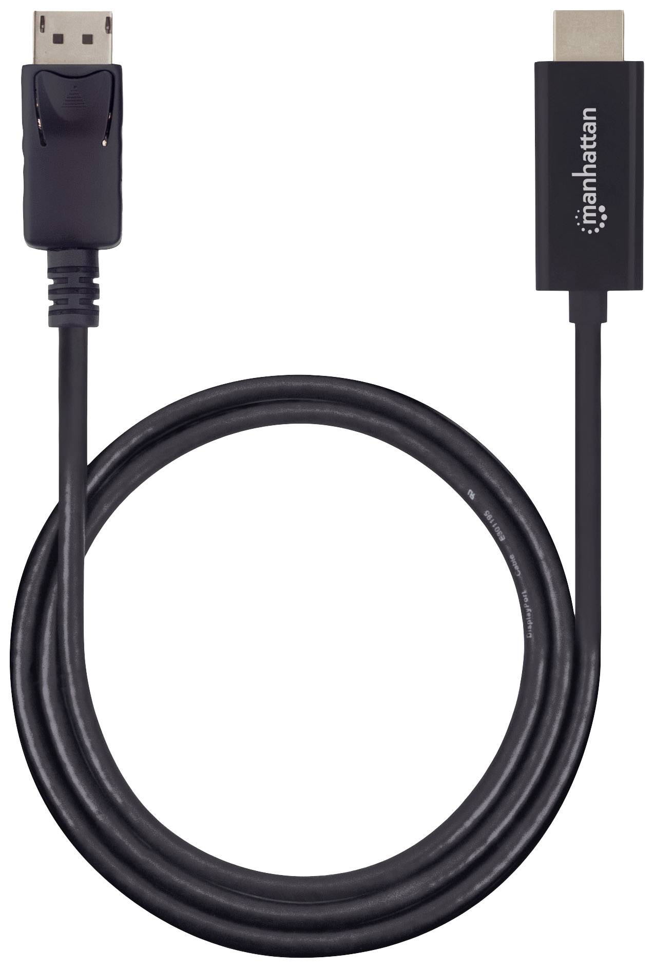 En HDMI-DisplayPort-kabel från märket Manhattan, svart, med en HDMI-kontakt och en DisplayPort-kontakt i ändarna.