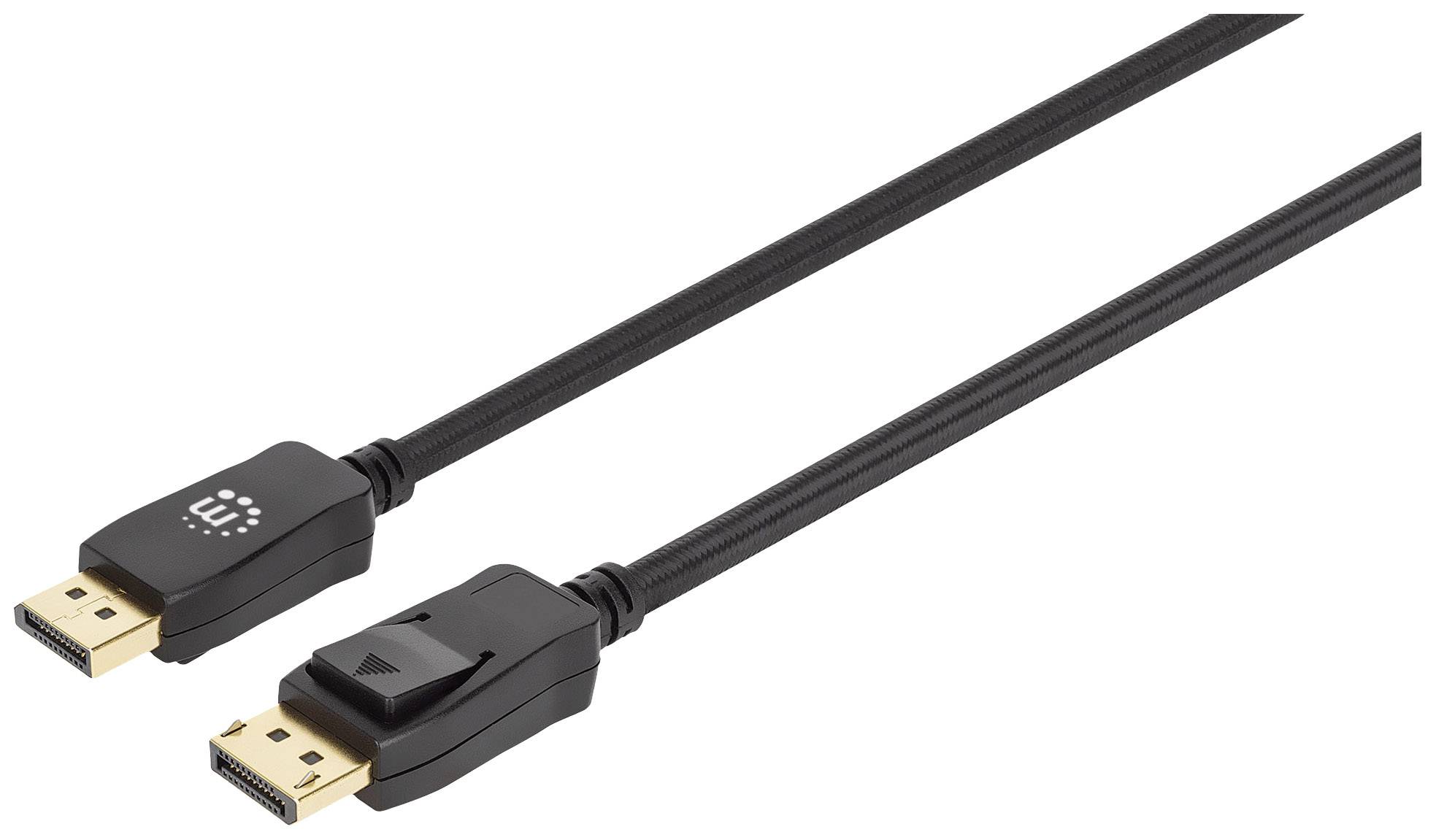 Två svarta DisplayPort-kablar, var och en med en kontakt i varje ände, lämpliga för att ansluta skärmar till datorer.