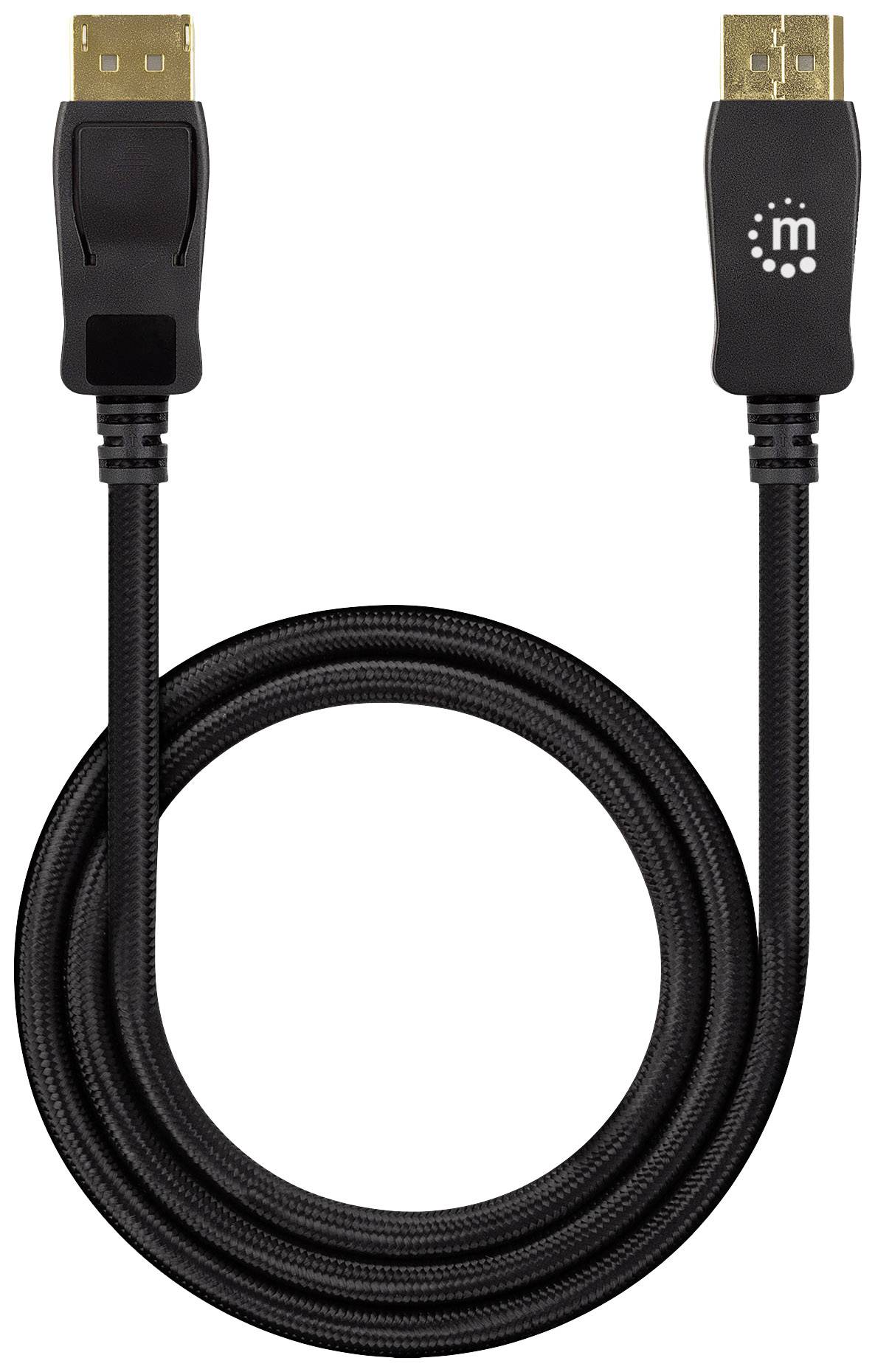 Svart DisplayPort-kabel med kontakt i båda ändar. En ände har en DisplayPort-kontakt, den andra en HDMI-kontakt.