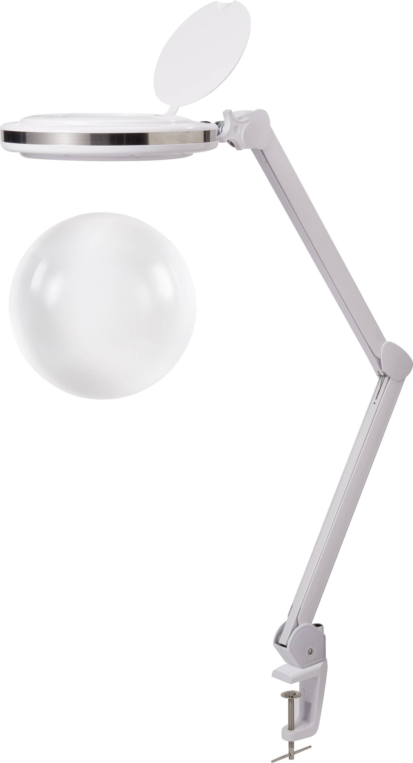 Lampa med justerbar arm och förstoringsglas, lämplig för montering på bord. Perfekt för detaljerade arbeten under starkt ljus.