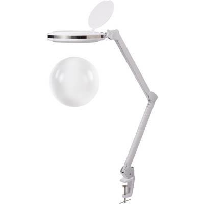 Lampa med justerbar arm och förstoringsglas, lämplig för montering på bord. Perfekt för detaljerade arbeten under starkt ljus.
