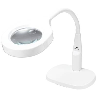 Förstoringsglas på bordsstativ med flexibel arm och stor glaslins. Lämpad för detaljförstoring vid närarbeten. Vit bas och fäste.