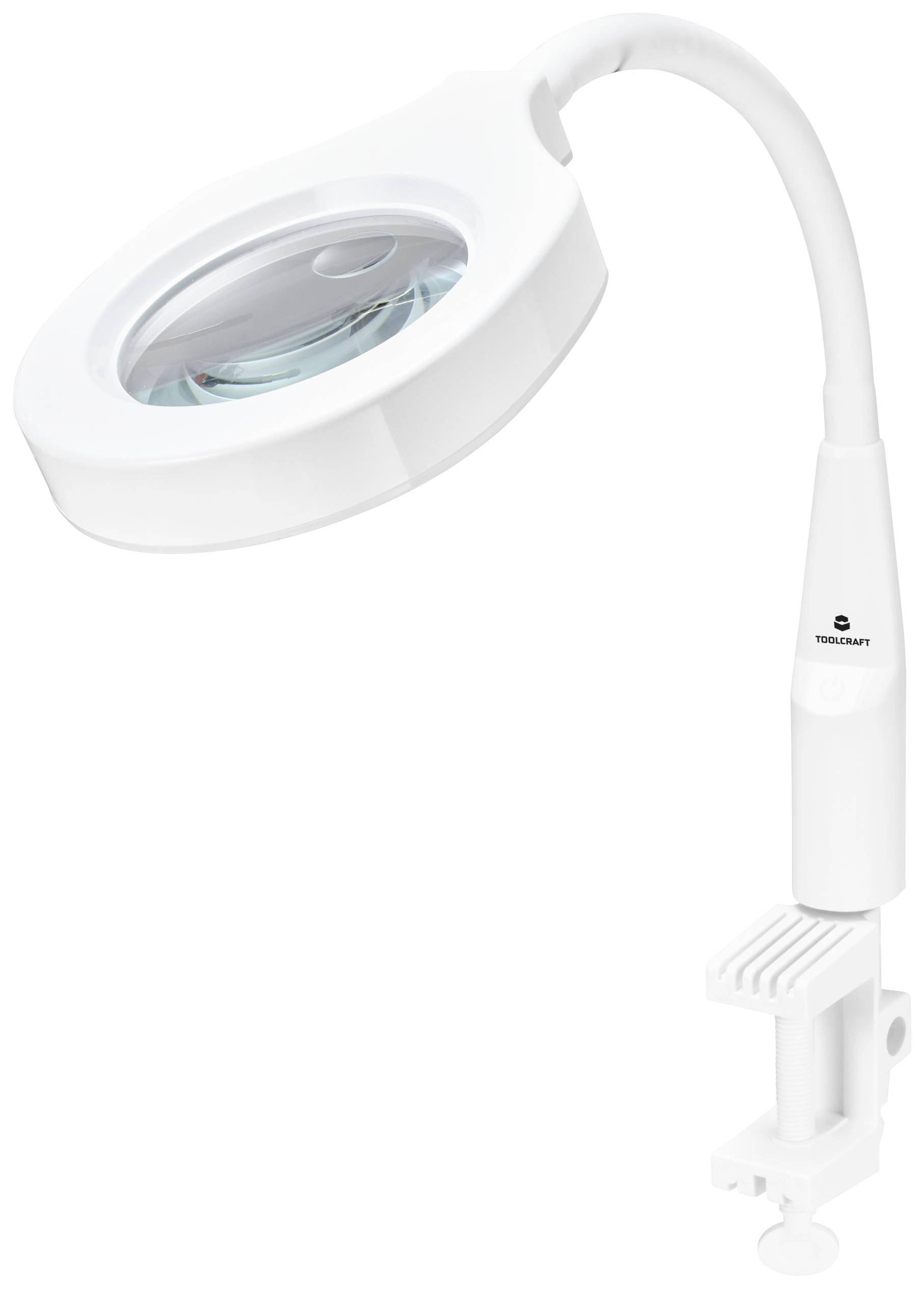 En vit lupp med flexibel arm och bordskläm för precisionsarbete inom hantverk eller laboratorium.