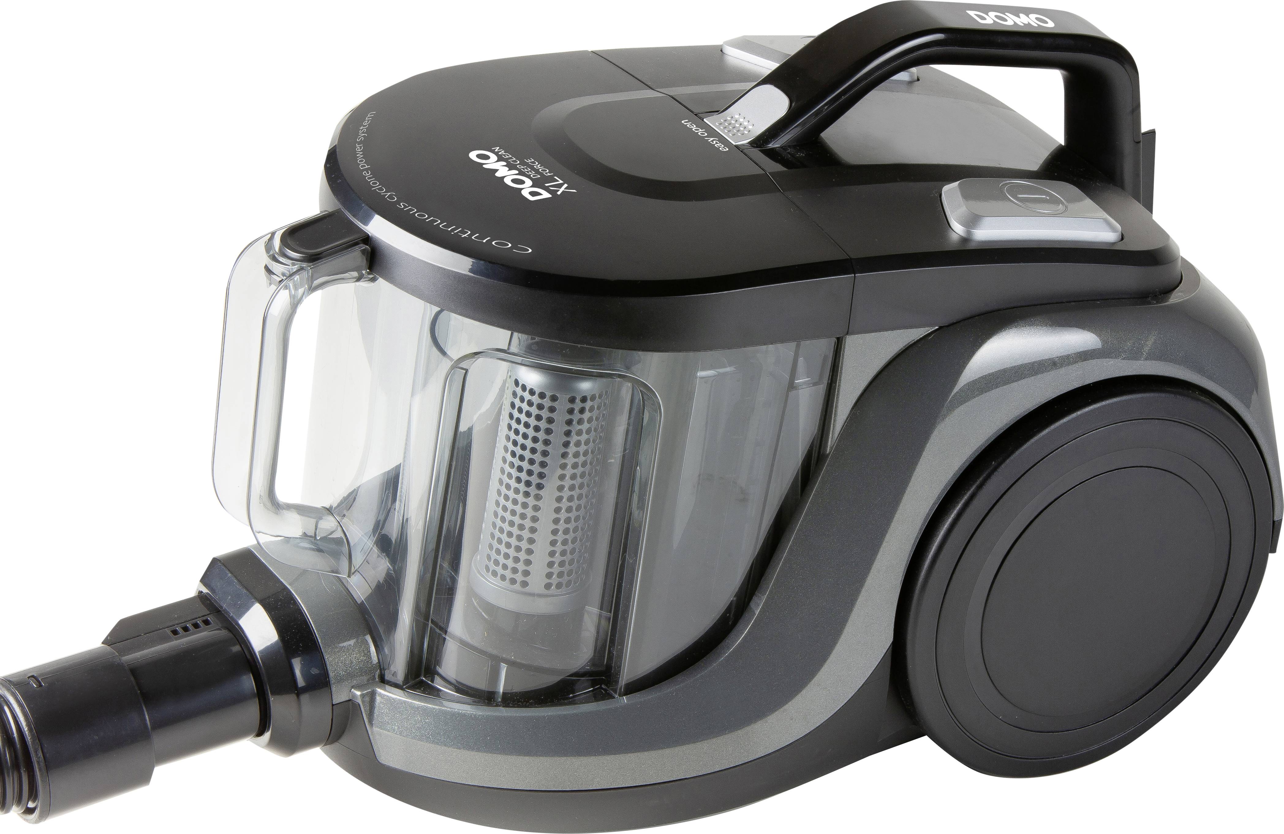 En grå och svart dammsugare med en genomskinlig behållare och ett stort hjul, lämplig för golvstädning.