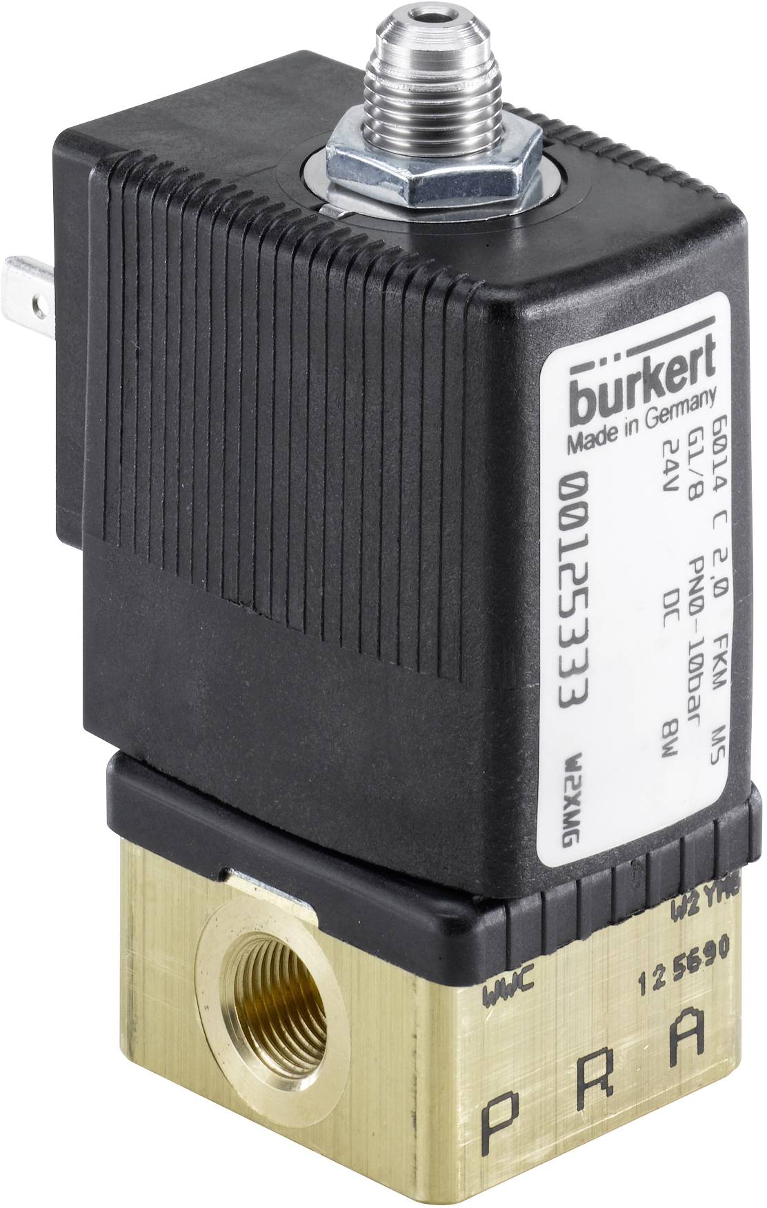 Ett elektromagnetiskt ventil med metallhölje, märkt med 'burkert'. Det visar anslutningar och tekniska detaljer.