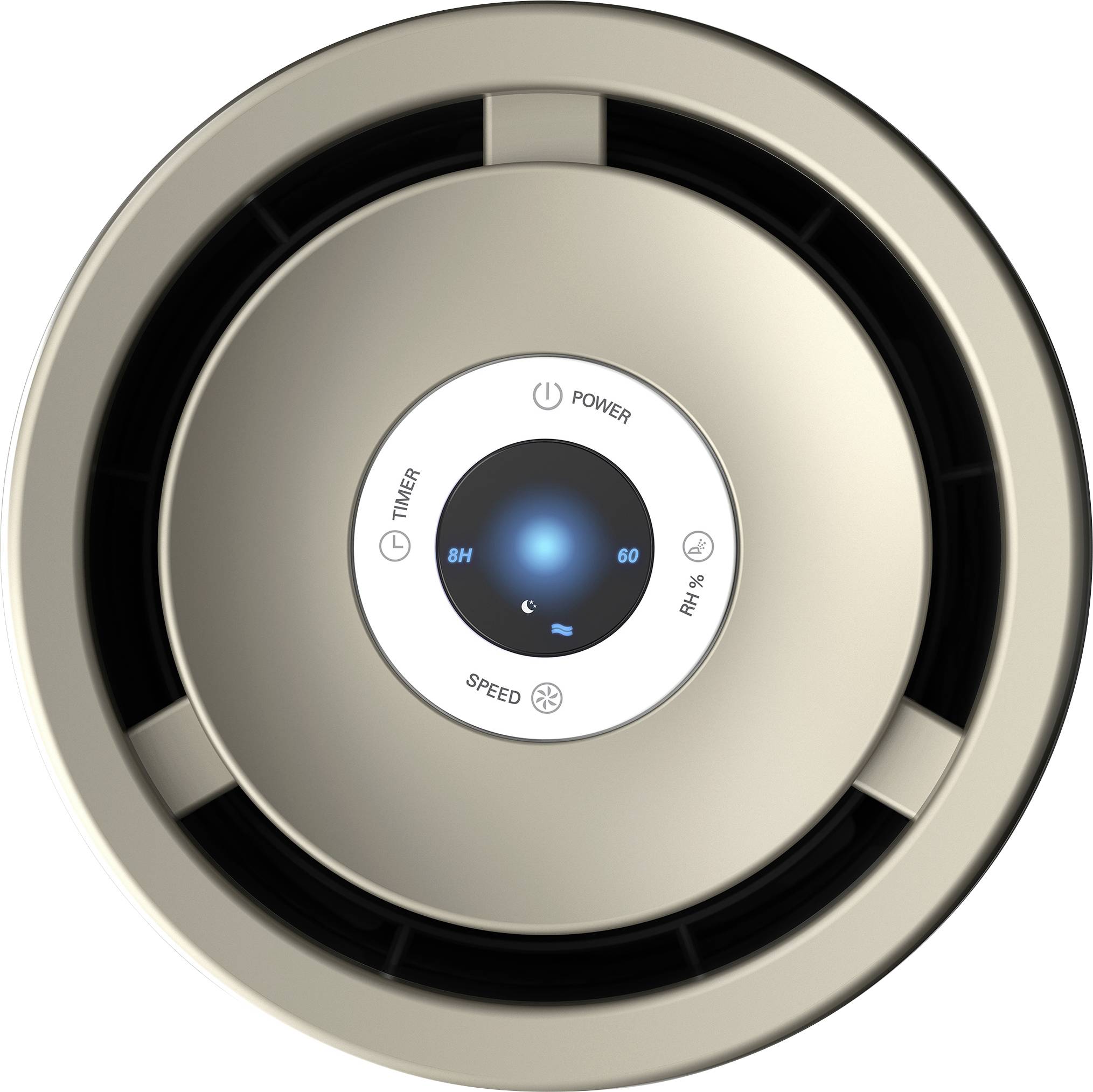 Luftrenare visar drifttid, hastighet och effekt på displayen. Vred för timer och inställning av luftflöde är synliga.