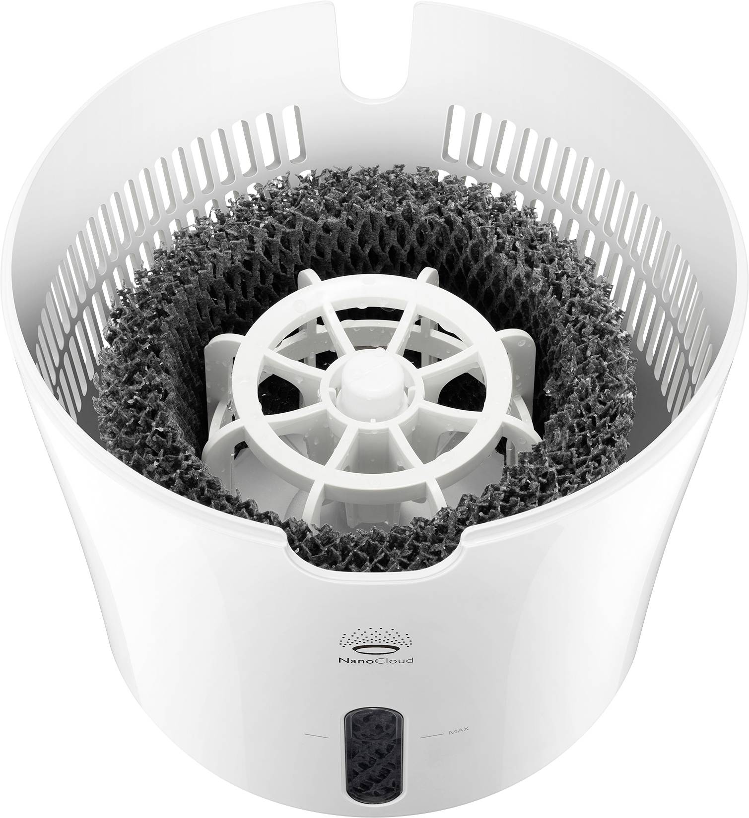 Luftfuktare med NanoCloud-filterteknik, sedd ovanifrån. Hölje i vitt med ett finmaskigt filter inuti, lätt att rengöra.