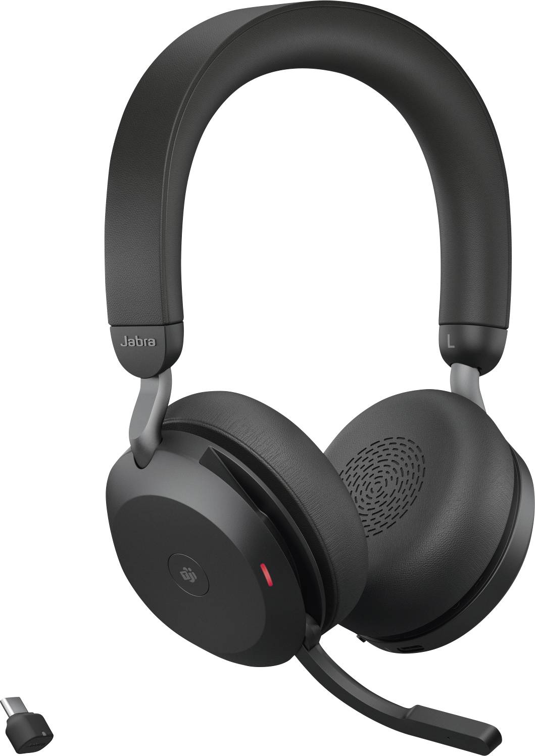 Svart over-ear-headset med mikrofonarm, märkt med 'Jabra'. Bredvid en liten USB-adapter.