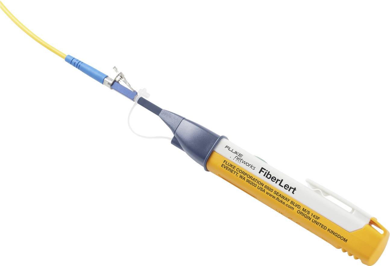 Ett gult FiberLert-verktyg vid en blå fiberoptisk kabel indikerar anslutningen och är användbart för tekniker vid kabeldiagnos.