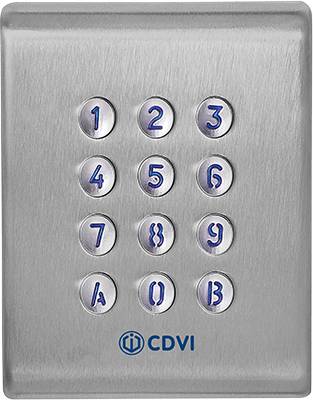 CDVI-sifferblock på silvermetallplatta med knappar från 1 till 9 samt bokstäverna A och B.