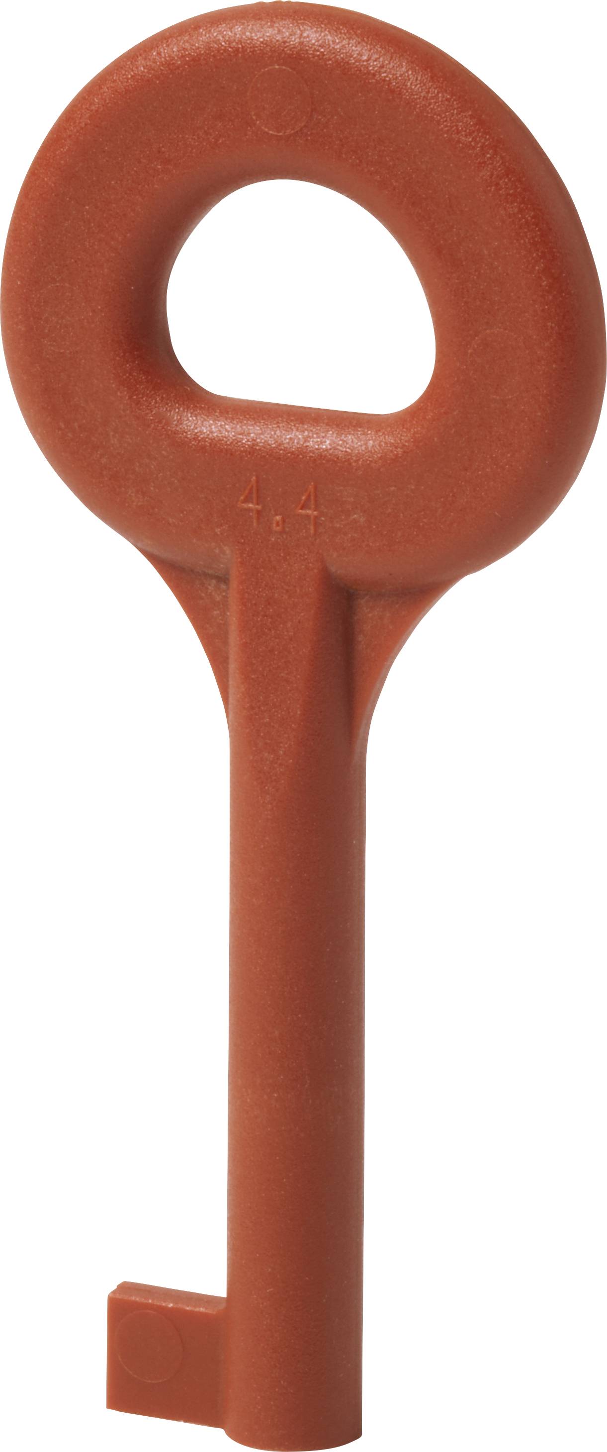 Röd, oval plastisk nyckel med lång handtag; inte funktionell, möjligen dekorativ eller del av ett pedagogiskt leksaksredskap.