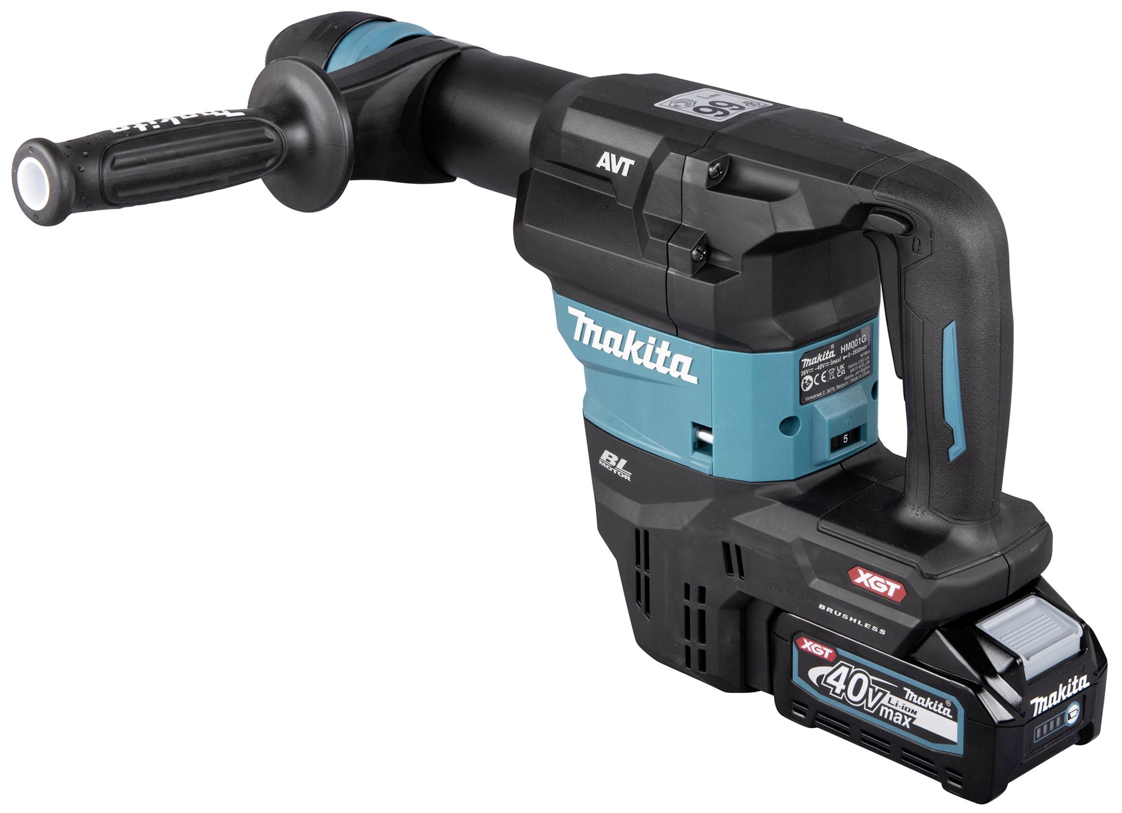 En handhållen, sladdlös borrhammare från Makita med ergonomiskt grepp och uppladdningsbart 40V-batteri, lämplig för betongarbeten.
