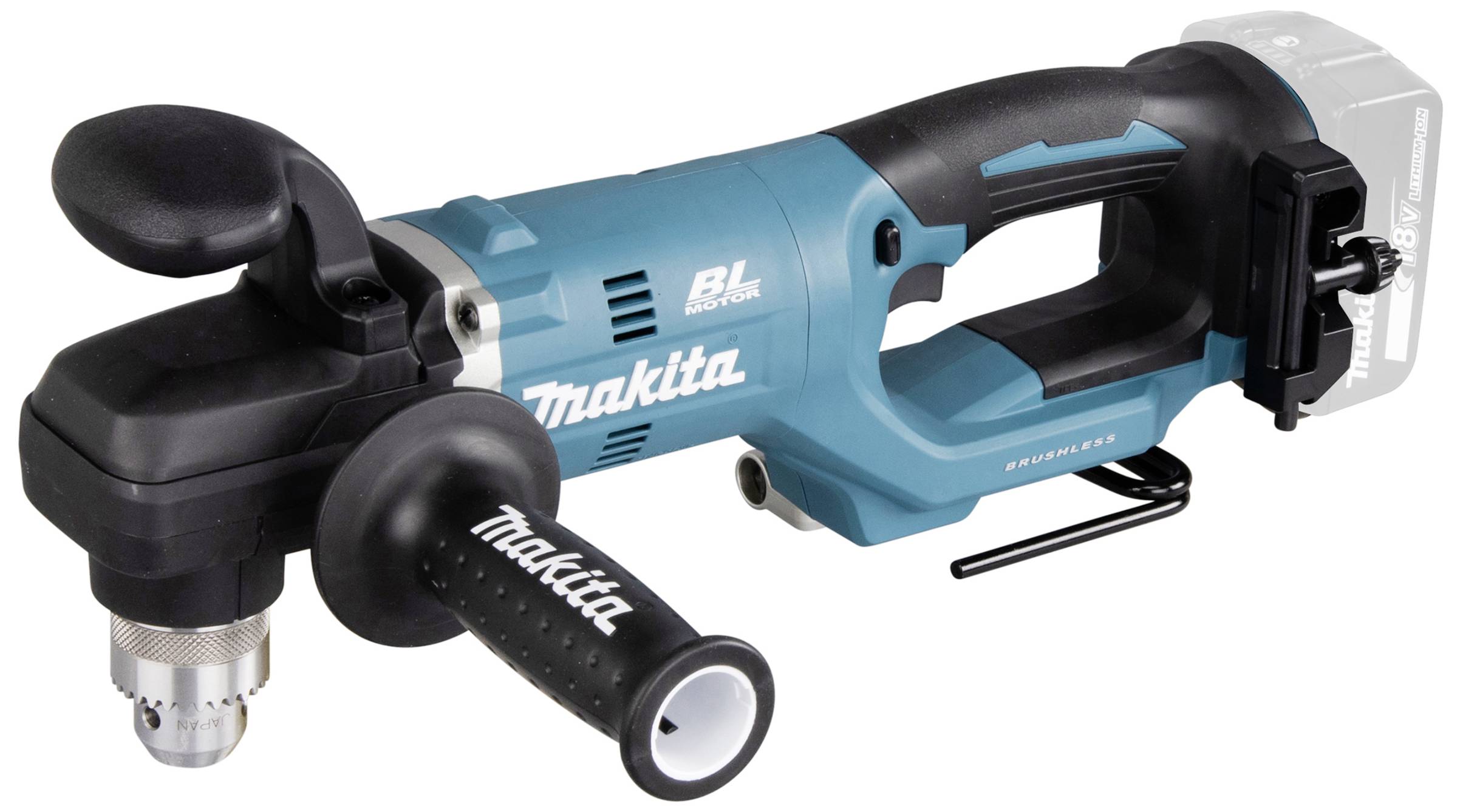 Sladdlös skruvdragare med blå, ergonomisk handtag och cylindrisk topp för svåråtkomliga ställen, från märket Makita.