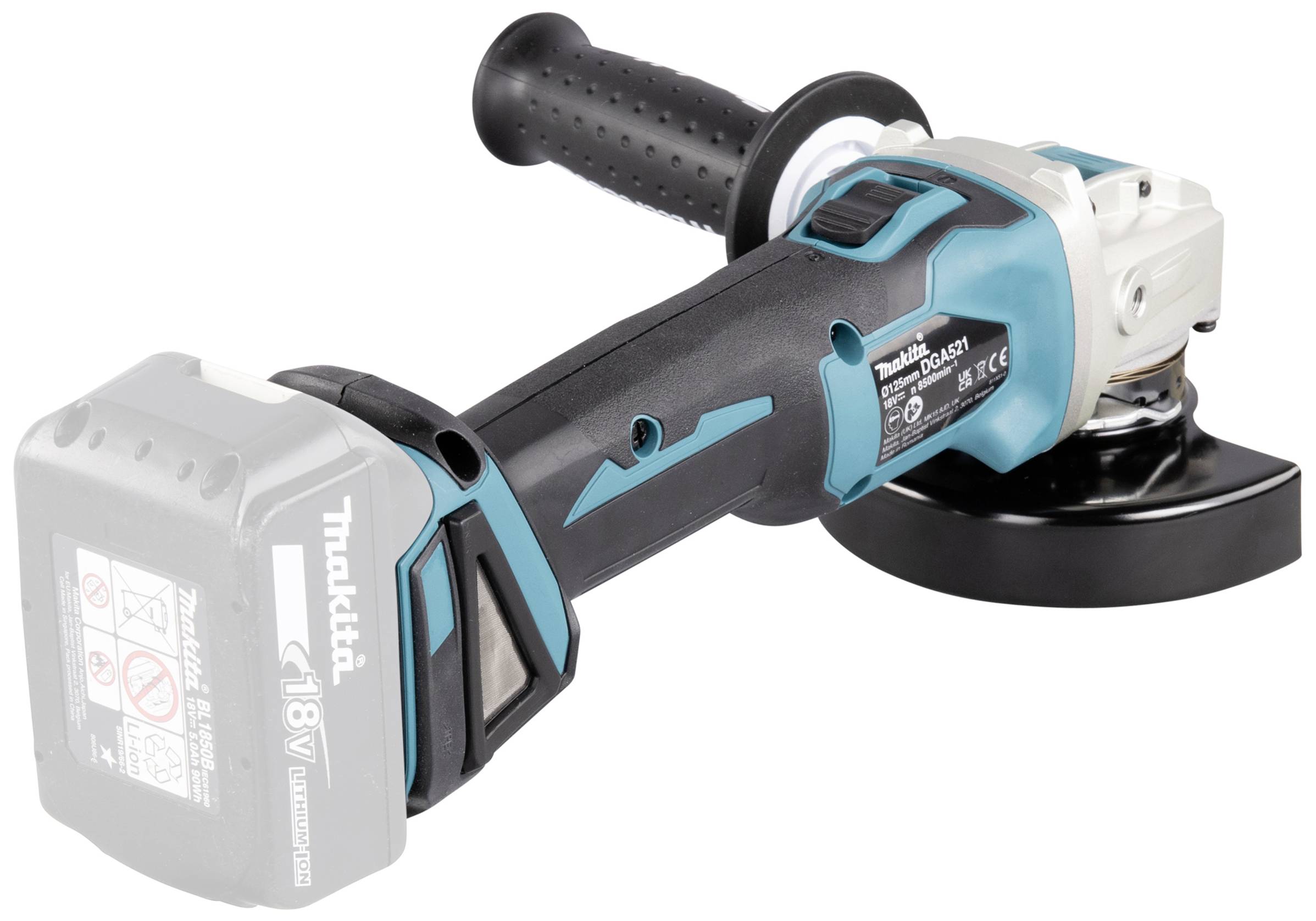Batteridriven vinkelslip med ergonomiskt handtag och slipskiva. Varumärke och effektspecifikationer synliga.