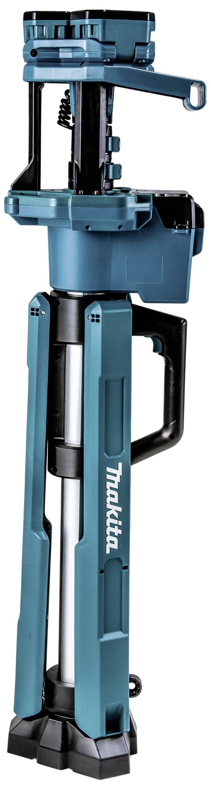 En blå stativadapter med handtag, lämplig för verktyg eller kameror. Står upprätt med robust design.