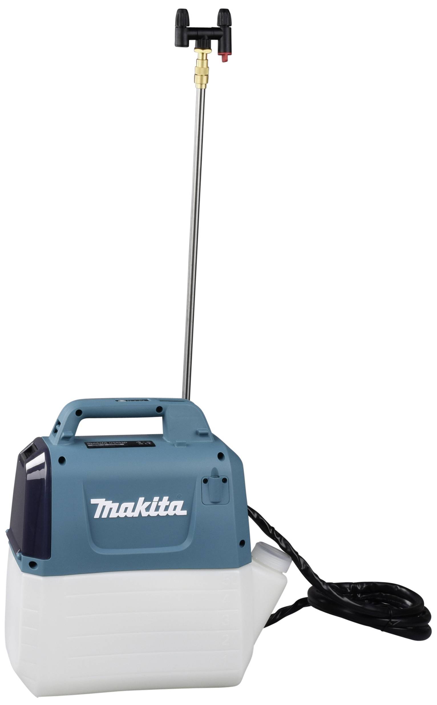 Sprutare från Makita med långt rör och kabel, lämplig för trädgårdsarbeten som bevattning eller rengöringsuppgifter.