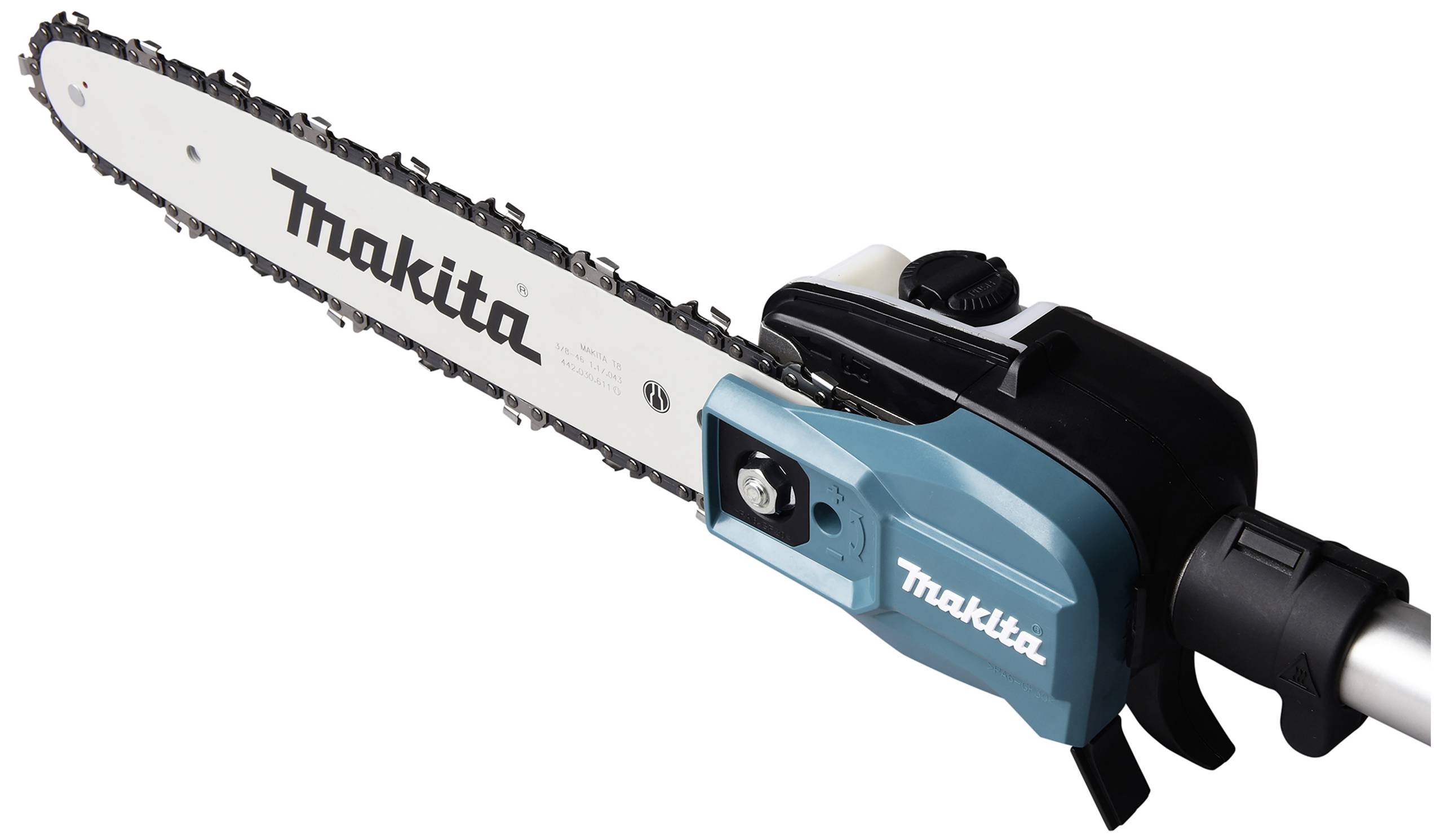 Elektrisk kedjesåg från Makita, visar svärdet med kedja och handtaget, blå-svart design, sidovy.